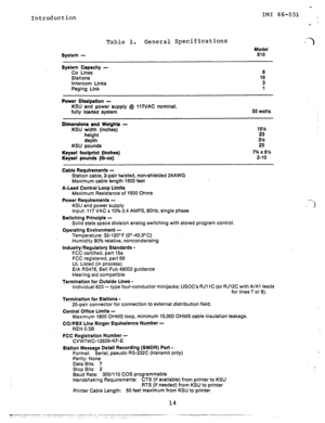 Page 15Introduction 
_ 
IMI 66-031 , 
c 
System - 
Table 1. General Specifications 7) 
Model 
818 
System Capaclty - 
Co Lines 
Stations 
Intercom Links 
Paging Link 8 
18 
3 
1 
Power Dissipation - 
KSU and power supply @ 117VAC nominal, 
fully loaded system 
Dimensions and Welghts - 
KSU width (inches) 
height 
depth 
KSU pounds 
Keyset footprint (inches) 
Keyset pounds (lb-ot) 
55 watts 
15x! 
E 
23 
7%x8% 
2-10 
. . --) 
Cable Requirements - 
Station cable, P-pair twisted, non-shielded 24AWG 
Maximum cable...