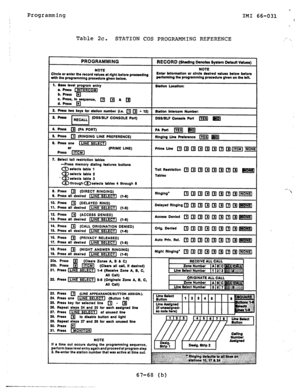 Page 69Programming 
TM1 66-031 
Table 2c. 
STATION COS PROGRAMMING REFERENCE 
: 
-press memory dlallng katuraar buttons 
0 selects table 1 
selects table 2 
aelects table 3 
Delayed Ringing 
f2. 
Pnrr KLINE SELECTI s-8 ( 
epeat steps 24 and 25 for each asslgned llna 
18. Press 
q to disable button and light 
ps 27 and 28 for each unused line 
NOTE 
If a tlme out occurs durtng the programmlng sequence, 
perform base level entry again and proceed at program step 
2. Reanter the statlon number that was active at...