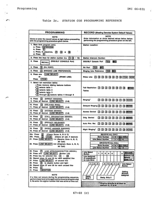 Page 70Programming 
IMI 66-031 : 
Table 2c. STATION COS PROGRAMMING REFERENCE 
Enter Intormatlon or clrc 
Ired values below 
Gtatlon Location: 
(DSSIBLF CONSOLE Port 
DSS/BLF Console Port 
PrtmeLlne 
aturer 
buttons 
CALL ORIGINATION DENIED 
(Clears all call. it deslred) 
l-4 (Receive Zone A, 8, C, 
All Call) 
button and light 
ps 27 and 28 for each unused line 
NOTE 
If a time out occurs durtng the progmmmlng sequence, 
perform base level entry again and proceed at progrsm step 
2. Re-enter the Hqtion number...