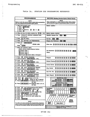 Page 75Programming 
Table 2c. 
STATION COS PROGRAMMING REFERENCE 
s 
IMI 66-031 
,: 
Cole of enter the record VOIUW at right before p-1 
with the prognmmlng proc+dure gtven WOW. j---_ Informetion or drcte derlred voluee betow belore 
Ing the prognmmlng 
promdun given on the Mt. 
PftmeLtne 
-Prerr memory diellng teeturea button, 
~eelecte table 1 
eelectr table 2 
eelects teble 3 
l electr tebler 4 th 
Delayed Ringing 
to dlsrble button and light 
ps 27 and 28 for rech unueed line 
NOTE 
II a time out occurs...