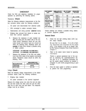 Page 13Installation
CHECKOUT
Check the KSU and telephone installation for proper
operation by performing the following actions.
Resistance 
Check
Make the following resistance measurements at the Sta-
tion connector blocks under the following conditions.l
AC power cord disconnected from electrical outlet.l
KSU connected to station connector blocks.l
Stationswired, and wiring punched downon blocks.l
Bridging clips removed from blocks to isolate sta-
tions from common equipment.
1.Measure the resistance of each...