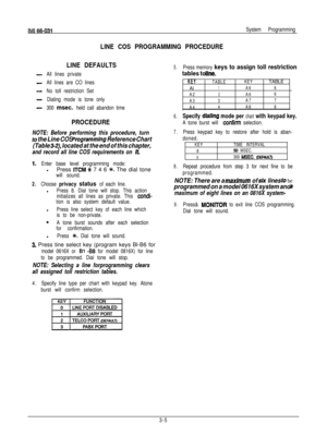 Page 18IMI 66-031System Programming
LINE COS PROGRAMMING PROCEDURE
-
-
-
-
-
LINE DEFAULTS
All lines private
All lines are CO lines
No toll restriction Set
Dialing mode is tone only
300 
msec. held call abandon time
5.
6.
PROCEDURE
NOTE: Before performing this procedure, turn
fo the Line COS Programming Reference Chart
(Table 
3-2), located at the end of this chapter,
and record all line COS requirements on it.
7.
1.Enter base level programming mode:lPress 
ITCM +K 7 4 6 +K. The dial tone8.
will sound.Press...