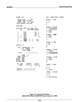 Page 23IMi 66-031System Programming
SYSTEM COSTOLL RESTRICTION TABLES
PAUSE TIRE2.0 SECPULSE DIAL 20 PPS
FLASH TIME720 MSECHOLD RECALL 240 SEC
TABLE1DENY11
2 0
3 
-4
LINE 
COSLINE PRV TYPE PU- HOLD TOLL
RLSLSE.SOMS TABLESTABLE 2 ALLOW
1 17034344664
2 17039493113
3 1985
4 1831
1C.O.2C.O.3C.O.4 xc-0.5 x
AUX
6NONE7PABX x
8 XPABX x
STATION 13
TOLL RESTRICTION
P.A. ENABLE
PRIME 
LINE123 6
123 6
123 6
123 6
78X
456X456
123
1
LINE12345678
RING X
DELAY RING X
NITE RING
ACCESS DENY
ORIGIN DENYPRIVACY 
RLS
ALL CALL...