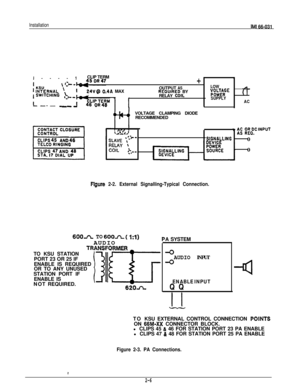 Page 10InstallationMI 66-031l----1CLIP TERM.
-I-OUTPUT AS
LOW24V@ 0.4A MAXREOUIRED BY
RELAY COILVpOokZESUPPLY
AC-- 
-VOLTAGE CLAMPING DIODE
RECOMMENDED
v ;g :bXlNPUt.
SIGNALLING0
0
Flgure 2-2. External Signalling-Typical Connection.
600~ TO SOOn( 1:1)AUDIO
TRANSFORMi%TO KSU STATION
PORT 23 OR 25 IF
ENABLE IS REQUIRED
OR TO ANY UNUSED
STATION PORT IF
ENABLE IS
NOT REQUIRED.
uus
62OnA SYSTEM
-0AUDIO INPUT
4
ENABLE INPUTQQ
TO KSU EXTERNAL CONTROL CONNECTION 
POlNTSON 
66WXX CONNECTOR BLOCK.
l CLIPS 45 & 46 FOR...