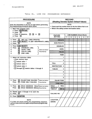 Page 67Programming 
Table 2b. LINE COS PROGRAMMING REFERENCE IMI 66-037 
PROCEDURE 
NOTE 
Inter the information in the box at right before performing 
,he programming procedures given below. 
1. Base level program entry 
a. Press 1 INTERCOM 1 
b. Press 
q 
c. Press, in sequence, 
d. Press 
q lzlmam 
2. Press 
q (SET ALL LINES PRIVATE) 
3. Press 1 LINE SELECT 1 1-6 (SET NON-PRIVATE LINES) 
4. Press 
5. Press 1 LINE SELECT 1 
6. Press 
q (DISABLED LINE) 
6. 
q (AUXIL LINE) 
6. H (TELCO LINE) 
6. 
q (PBX LINE)...