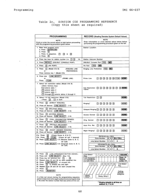 Page 68Programming 
IMI 66-037 
Table 2c. SPATION COS PROGfUUlMING REFERENCE 
(Copy this sheet as required) 
PROGRAMMING RECORD (Shading Denotes System Default Values) 
NOTE 
I 
:ircl@ or enter Ihe record values al right before proceeding 
, with the programming procedure given below. NOTE 
Enter information or circle desired values below before 
performlng the programmlng procedure given on the left. 
station Location:  1. Base level program entry 
a. press [INTERCOM ] 
b. Press 
q c. Press, in sequence. 
d....