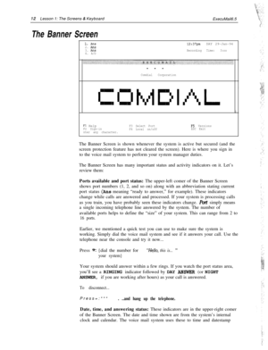 Page 1812Lesson 1: The Screens & Keyboard
The Banner ScreenExecuMail6.5
1. Ans2. Ans
3. An.54. A/D
12:37pmDAY 29-Jan-94
Recording Time:3:oo
Comdial CorporationI
Fl HelpF3 Select PortFS Versions
F2 Sign-in
F4 Local on/offESC Exit
nter any character.The Banner Screen is shown whenever the system is active but secured (and the
screen protection feature has not cleared the screen). Here is where you sign in
to the voice mail system to perform your system manager duties.
The Banner Screen has many important status...