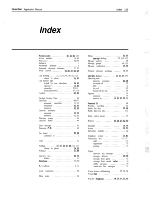 Page 244QuickStart Application ManualIndex 125
Index
Accesscodes.............22,48,89, 110
Access numbers.................10.80
Announce.....................52.69
Audiotext..........................2Automated attendant.................1
Automatic directory assistance......32, 95
Await Answer...........18,26,37,52,69
Call holding.....27, 37, 53, 91, 99, 112, 121
change by phone...........
24,50Call transfer type
default for new subscribers....26,90
operator..................16,85...