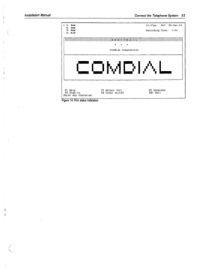 Page 361Installation Manual 
Connect the Telephone System 33 
>> 1. APB 
2. An8 
3. An8 
4. A/D 12:37pm DAY 29-Jan-94 
Recording Time: 3:oo 
Comdial Corporation 
Fl Help F3 Select Port F5 Versions 
F2 Sign-in 
F4 Local on/off ESC Exit 
Enter any character. 
igure 14: Port status indicators  