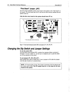 Page 37652 
Voice Board Technical Reference 
ExecuMail6.5 
‘First Board” Jumper [JP7] 
The JP7 jumper identifies which voice board in the system is the “first board” in 
the system. The first board has Port #l and has the first memory address that the 
system looks for. 
Only the first voice board in the system should have JP7 on. 
l These settings apply to the fmt voice board only. 
JP6 
Figure 17: Voice board showing dip switch (SWl) and jumpers (JPI, JP5, JP6, JP7) 
Changing the Dip Switch and Jumper Settings...