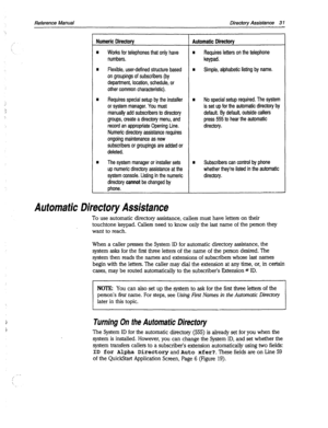 Page 426Reference Manual Directory Assistance 3 1 
Numeric Directory 
I Works for telephones that only have 
numbers. 
I 
Flexible, user-defined structure based 
on groupings of subscribers (by Automatic Directory 
I Requires letters on the telephone 
keypad. 
I Simple, alphabetic listing by name. 
department, location, schedule, or 
other common characteristic). 
Requires special setup by the installer 
or system manager. You must 
manually add subscribers to directory 
groups, create a directory menu, and...