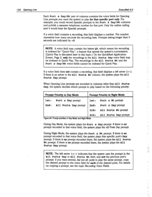 Page 523128 Opening Line ExecuMail6.5 
Each Port n Day/Nt pair of columns contains the voice fields for Opening 
Line prompts you want the system to play 
for that specific port only. For 
example, you could record Spanish prompts in the Port 4 DaylNt columns 
and publish a separate telephone number for that port. Only the callers calling 
port 4 would hear the Spanish prompts. 
If a voice field contains a recording, that field displays a number. The number 
represents how many seconds the recording lasts....