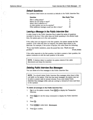 Page 546: 
:” 
i 
f 
t. 
“. 
Reference Manual 
Default Questions 
Public Interview Box & Public Messages 15 1 
The questions listed below are recorded as defaults in the Public Interview Box. 
Question Max Reply Time 
who’s calling please? 6 
Whom are you hying to reach? 9 
What’s this in reFerence to? 9 
At what number can you be reached? 9 
What additional message would you like to leave? 40 
Leaving a Message in the Public Interview Box 
A caller routed to the Public Interview Box is asked the series of...