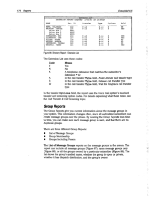 Page 571176 Reports 
ExecuMail6.5 
NAME Ext. ID 
Transfer 
Type Options Hold 
BEAR, COLORADO 
142 Y->x A->4 A NO 
BRONSON, DENISE 
136 Y->x A->4 A YES 
Sales Box 1 8991 
Sales Box 2 8992 
Sales Box 3 
8993 
DONALDSON, RAY 134 Y->x A->4 A VOX 
DUCKWORTH, DAN 
137 Y-2X A->4 A YES 
FULLER, ROGER 138 
Y->x A->4 A NO 
NGUYEN, BRENDA 139 Y->x A->4 
A NO 
JEFFERSON, THOMAS 140 Y->x A-24 A NO 
WHISTLE, PENNY 141 Y-2X 
A->4 A YES 
Figure 86: Directory Report - Extension List 
The Extension List uses these codes: 
Code 
Y...