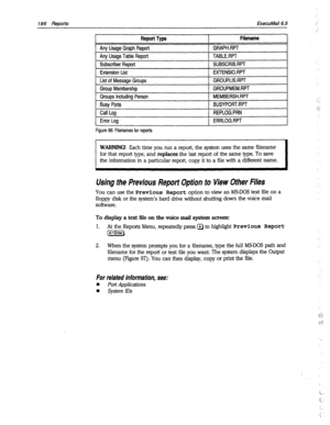 Page 581186 Reports 
Report Type 
Any Usage Graph Report 
Any Usage Table Report 
Subscriber Report 
Extension List 
List of Message Groups 
Group Membership 
Groups Including Person 
Busy Ports 
Call Log 
Error Log 
Figure 
98: Filenames for reports ExeculVail6.5 ,- 
