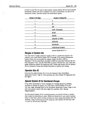 Page 650Reference Manual System IDS 255 
to have in your IDS, be sure to allow plenty of spare System IDS for future growth. 
Remember, System IDS will be assigned not only to subscribers, but also to all 
transaction boxes, interview boxes, and subscribers’ guests. 
Number of ID Digits Number of Unique IDS 
3 900 
4 
9,000 (9 thousand) 
5 90,000 
6 
900.000 
7 
9,000,OOO (9 million) 
6 90,000,000 
9 
900,000,000 
10 9,000,000,000 (9 billion) 
assumes Operator Box ID = 0 
Ranges of System IDS 
You may want to...