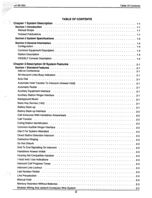 Page 2Table Of Contents 
.... TABLE OF CONTENTS 
/ 
. ) Chapter 1 System Description 
....................................... l-1 
Section 1 introduction 
............................................ 1-l 
Manual Scope 
................................................ l-l 
Related Publications 
............................................. l-l 
Section 2 System Specifications 
....................................... 1-2 
Section 3 General Information 
......................................... l-4 
Configuration...