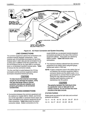 Page 27Installation IMI 66-064 ’ 
TYPICAL EARTH GROUND 
(METAL COLD WATER PIPE, 
BUILDING FRAME,..ETC.l 
Figure 3-2. AC Power Connection and System Grounding 
LINE CONNECTIONS 
The common equipment cabinet line terminations are 
standard modular plug/jack connections. Each 
modular jack (2-6) provides termination for two lines. 
Modular jacks 2 and 3 also provide termination for an 
auxiliary pair in addition to the two outside lines. CO 
line terminations can be at a type 66M-xx connector 
block or at...