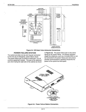 Page 34IM; 66-064 Installation 
TO SECURE 
OFF-HOOK 
VOICE ANNOUNCE 
TELEPHONE VOICE PAIR 
(PAIRED STATION) 
DATA PAIR 
VOICE PAIR 
11 
1 -VOICE (PAIRED STATION) 
2 -DATA 
3 -VOICE 
4 -VOICE 
5 -DATA 
6 -VOICE (PAIRED STATION) 
TYPE 625A2-6 CONNECTOR 
(TYPICAL) 
( - -,- - 
* - -,- - 
3 - -,- - 
4--,-- 
s----I--- 
c--,-- 
_ 
,--,-- 
1 s;;--& .,5 - -,- - 
.,6 - -, - - 
I,- -I- - 
;;I 1;: 1 
20- -,- - 
7.1 - -,- - 
22- -I- - 
23 - -,- - 
24--n- - 
g-1;: I 
:; z 1;: 1 
es - -I- - AMPWENOL 
30 - -,- - CONNECTOR 
31-...