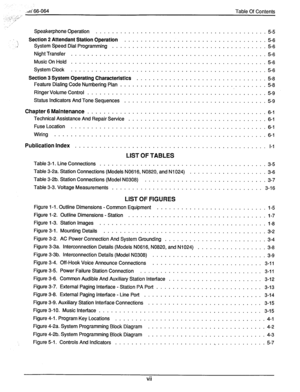 Page 6.A’ 66-064 
._,: .:1,,’ 
,: .T . . ::.. 
....... Table Of Contents 
Speakerphone Operation 
.......................................... 5-5 
 
Section 2 Attendant Station Operation 
................................... 5-6 
-I 
System Speed Dial Programming 
...................................... 5-6 
Night Transfer 
................................................ 5-6 
Music On Hold 
................................................ 5-6 
System Clock 
................................................ 5-6...