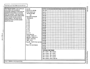 Page 56/ ” Base Level: Press ITCM, then dial % # 7 4 6 *. , 
very station can be assigned 
tdividually (mapped) to select any line l Dial port ID (10-33) 
ssigned to that station or to provide 
l Press station key 
ther key functions. Soft keys can be 
ssigned as direct station select (DSS) 
eys to provide one-key access to 
l Dial code for key per 
ystem stations. Soft keys can be 
ssigned as idle to provide autodial 
eys for the user. 
l Al-A5 = LINES l-5 
l A8-A12 = LINES 6-10 
l IO-33 = DSS STA. 
Press # +...