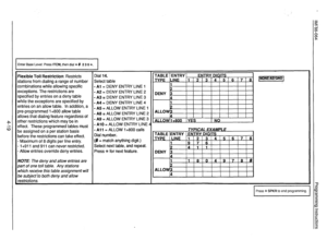 Page 59Enter Base Level: Press ITCM, then dial % # 2 3 6 ++. 
I 
Flexible Toll Restriction: Restricts 
stations from dialing a range of number 
combinations while allowing specific 
exceptions. The restrictions are 
specified by entries on a deny table 
while the exceptions are specified by 
entries on an allow table. In addition, a 
pre-programmed 1+800 allow table 
allows that dialing feature regardless of 
other restrictions which may be in 
effect. These programmed tables must 
be assigned on a per station...