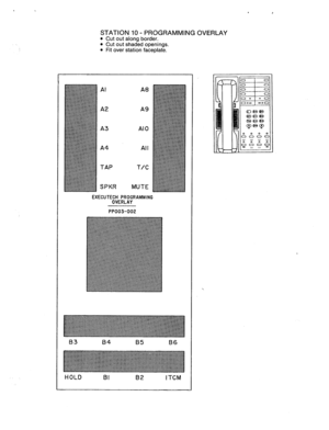 Page 69. 
STATION IO - PROGRAMMING OVERLAY 
l Cut out along border. 
l Cut out shaded openings. 
l Fit over station faceplate. 
Al 
A3 
A4 
TAP 
SPKR 
A8 
A9 
AI0 
All 
T/C 
MUTE 
PPOO3-002 
83 B5 
82  