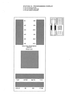 Page 70STATION IO - PROGRAMMING OVERLAY 
l 
Cut out along border. 
l Cut out shaded openings. l Fit over station faceplate. 
A0 
A2 A9 
A3 AI0 
A4 
A5 Al2 
Al3 
EXECUTECH PROGRAMMING 
OVERLAY 
PPOO3-003 
TAP SPKR MUTE T/C 
HOLD BI 82 I TCM  