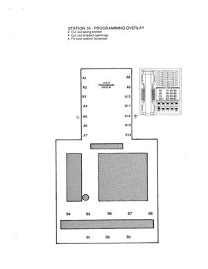 Page 71STATION 10 - PROGRAMMING OVERLAY 
l Cut out along border. 
l Cut out shaded openin’gs. 
l Fit over station faceplate. 
Al 
A0 
A2 10x14 
PROGR4MMINQ 
OVERLAY A9 
Al0 
A4 All 
Al2 
A6 Al3 
A7 A14 
Bl  