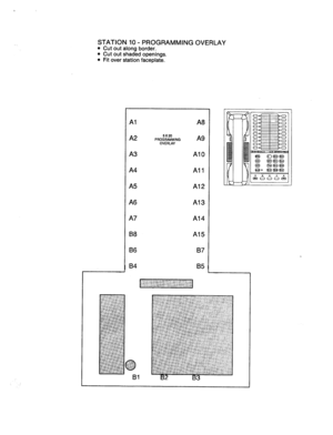 Page 72STATION 10 - PROGRAMMING OVERLAY 
l 
Cut out along border. 
l Cut out shaded openings. 
l Fit over station faceplate. 
Al 
A2 
A3 
A4 
A5 
A6 
A7 
B8 
B6 
B4 A8 
5x20 
PROGRAMMING 
OVERLAY A9 
A10 
All 
Al2 
Al3 
A14 
Al5 
B7 
85  