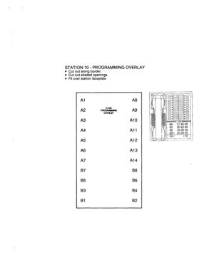 Page 74STATION 10 - PROGRAMMING OVERLAY 
l 
Cut out along border. l Cut out shaded openings. 
l Fit over station faceplate. 
Al 
A2 
A3 
A4 
A5 
A6 
A7 
B7 
B5 
83 
Bl 2x22 
-NG 
WERAY A8 
A9 
A10 
All 
Al2 
Al3 
Al4 
B8 
B6 
B4 
B2  