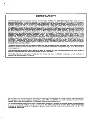 Page 97LIMITED WARRANTY 
ke Comdial) warrants that under normal operating conditions, this Equipment (except for fuses, lamps, and other 
e from defects in material and workmanship for a period of twenty-four (24) months from the manufacturing date 
e Equipment. Comdial’s sole obligation under this warranty or under any other legal obligation with respect to the Equipment is 
to re 
refur I? ir or replace, at its option, the Equipment if it is deemed defective by Comdial durfng the warranty period free of...