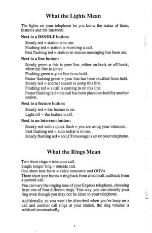 Page 11What the Lights Mean 
The lights on your telephone let you know the status of lines, 
features and the intercom. 
Next to a DSS/BLF button: 
Steady red = station is in use. 
Flashing red = station is receiving a call. 
Fast flashing red = station-to-station messaging has been set. 
Next to a line button: 
Steady green = this is your line, either on-hook or off-hook, 
when the line is active. 
Flashing green = your line is on hold. 
Faster flashing green = your line has been recalled from hold. 
Steady...