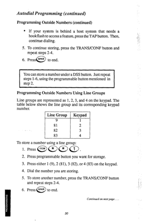 Page 33Autodial Programming (continued) 
Programming Outside Numbers (continued) 
l If your system is behind a host system that needs a 
hookflash to access a feature, press the TAP button. Then, 
continue dialing. 
5. To continue storing, press the TRANWCONP button and 
repeat steps 2-4. 
6. Press SPKR to end. 
0 
You can store a number under a DSS button. Just repeat 
steps l-6, using the programmable button mentioned in 
step 2. 
Programming Outside Numbers Using Line Groups 
Line groups are represented as...