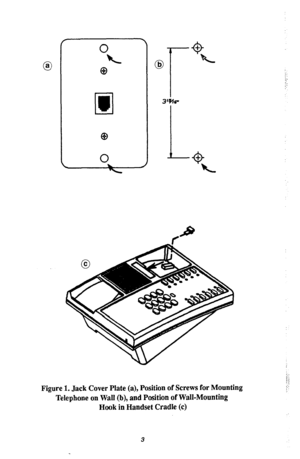 Page 6Figure 1. Jack Cover Plate (a), Position of Screws for Mounting 
Telephone on Wall (b), and Position of Wall-Mounting 
Hook in Handset Cradle (c) 
3  