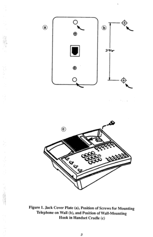 Page 6._ : ., 
,-.:j 
-: 
Figure 1. Jack Cover Plate (a), Position of Screws for Mounting 
Telephone on Wall (b), and Position of Wall-Mounting 
Hook in Handset Cradle (c) 
3  