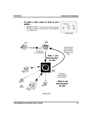 Page 45To place a park recall on hold at your
station,
1.SELECT
HOLD. After the call remains on hold
for a period of time, it rings back to your telephone
as a hold recall.
LCD Speakerphone Station User’s Guide 37
GCA70-281 Advanced Call Handling
HOLD SHIFT
TA P
1
4
72
5
8
03
6
9
#OPER PRSGHI
TUVJKL ABC
WXYMNO DEF
HOLD SHIFT
TA P
1
4
72
5
8
03
6
9
#OPER PRSGHI
TUVJKL ABC
WXY MNO DEFHOLD SHIFT
TA P
1
4
72
5
8
03
6
9#OPER PRSGHI
TUVJKL ABC
WXY MNO DEF
HOLD SHIFT
TA P
1
4
72
5
8
03
6
9#OPER PRSGHI
TUVJKL ABC...