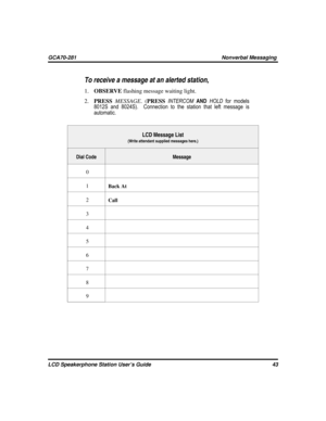 Page 51To receive a message at an alerted station,
1.OBSERVEflashing message waiting light.
2.PRESSMESSAGE.(PRESSINTERCOMANDHOLDfor models
8012S and 8024S). Connection to the station that left message is
automatic.
LCD Message List
(Write attendant supplied messages here.)
Dial Code Message
0
1
Back At
2
Call
3
4
5
6
7
8
9
LCD Speakerphone Station User’s Guide 43
GCA70-281 Nonverbal Messaging 