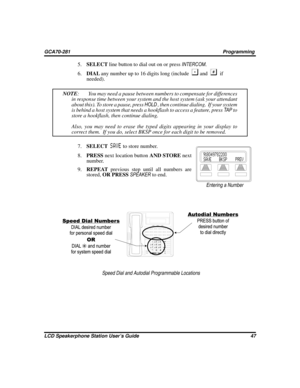 Page 555.SELECTline button to dial out on or pressINTERCOM.
6.DIALany number up to 16 digits long (include
andif
needed).
NOTE: You may need a pause between numbers to compensate for differences
in response time between your system and the host system (ask your attendant
about this). To store a pause, pressHOLD, then continue dialing. If your system
is behind a host system that needs a hookflash to access a feature, pressTA Pto
store a hookflash, then continue dialing.
Also, you may need to erase the typed...