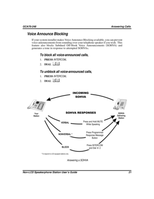 Page 29Voice Announce Blocking
If your system installer makes Voice Announce Blocking available, you can prevent
voice announcements from sounding over your telephone speaker if you wish. This
feature also blocks Subdued Off-Hook Voice Announcements (SOHVA) and
generates a tone in response to attempted SOHVAs.

To block all voice-announced calls,
1.PRESSINTERCOM.
2.DIAL

.

To unblock all voice-announced calls,
1.PRESSINTERCOM.
2.DIAL

.
Non-LCD Speakerphone Station User’s Guide 21
GCA70-248 Answering...