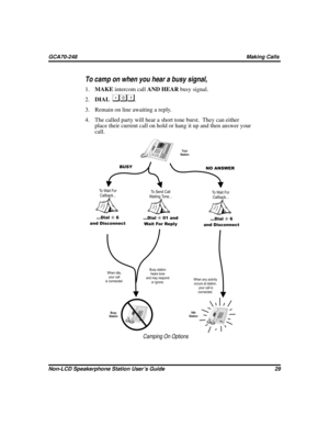 Page 37To camp on when you hear a busy signal,
1.MAKEintercom callAND HEARbusy signal.
2.DIAL
.
3. Remain on line awaiting a reply.
4. The called party will hear a short tone burst. They can either
place their current call on hold or hang it up and then answer your
call.
Non-LCD Speakerphone Station User’s Guide 29
GCA70-248 Making Calls
1234567890*#Your
Station
Idle
Station
HOLD SHIFT
TA P
1
4
72
5
8
03
6
9#OPER PRSGHI
TUVJKL ABC
WXY MNO DEFHOLD SHIFT
TA P
1
4
72
5
8
03
6
9#OPER PRSGHI
TUVJKL ABC
WXYMNO...