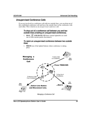 Page 43Unsupervised Conference Calls
If you are involved in a conference call with two outside lines, you can drop out of
this established conference call and leave the outside lines in the conference with
each other. This is known as anunsupervised conferencecall.

To drop out of a conference call between you and two
outside lines (creating an unsupervised conference),
1.DIALAND HANG UP(lines remain lighted/in use until
one or both outside parties disconnect).

To rejoin an unsupervised conference between...