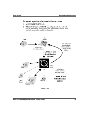 Page 47To re-park a park recall and restart the park timer,
1.ANSWER/RETRIEVEcall.
2.PRESSINTERCOMAND DIAL
and park code (the call will
then be placed back in its original park orbit and will remain there
until it is answered or until it recalls again).
Non-LCD Speakerphone Station User’s Guide 39
GCA70-248 Advanced Call Handling
HOLD SHIFT
TA P
1
4
72
5
8
03
6
9
#OPER PRSGHI
TUVJKL ABC
WXYMNO DEF
HOLD SHIFT
TA P
1
4
72
5
8
03
6
9
#OPER PRSGHI
TUVJKL ABC
WXY MNO DEFHOLD SHIFT
TA P
1
4
72
5
8
03
6
9#OPER...