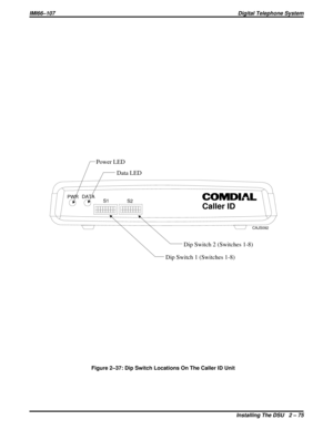 Page 105Power LED
Data LED
Dip Switch 2 (Switches 1-8)
Dip Switch 1 (Switches 1-8)
PWRDATA
Caller ID
S1
S2
CAJS092
Figure 2–37: Dip Switch Locations On The Caller ID Unit
IMI66–107Digital Telephone System
Installing The DSU 2 – 75 