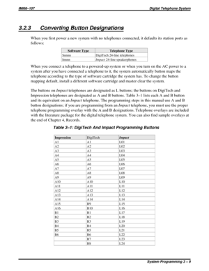 Page 1213.2.3 Converting Button Designations
When you first power a new system with no telephones connected, it defaults its station ports as
follows:
Software Type Telephone Type
Snnnn DigiTech 24-line telephones
InnnnImpact24-line speakerphones
When you connect a telephone to a powered-up system or when you turn on the AC power to a
system after you have connected a telephone to it, the system automatically button maps the
telephone according to the type of software cartridge the system has. To change the...