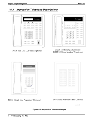 Page 181.6.3 Impression Telephone Descriptions
2122S (22-Line Speakerphone)
2122X (22-Line Monitor Telephone)2022S (22-Line LCD Speakerphone)
2101N (Single Line Proprietary Telephone)
unisyn11.cdr
1
2
4
7
0 89 56 3
#
ABC
GHI
PRS
OPERTUVWXY JKLMNO DEF
SPKR
HOLD
TAPITCM T/C
MUTE
unisyn05.cdr
1
2
4
7
0 89 56 3
#
ABC
GHI
PRS
OPERTUVWXY JKLMNO DEF
SPKR
HOLD
TAPITCM T/C
MUTE
unisyn01.cdr
unisyn09.cdr
DU32X (32-Button DSS/BLF Console)
R
Figure 1–6: Impression Telephone Images
Digital Telephone SystemIMI66–107
1 – 14...