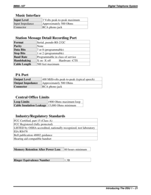 Page 25Music Interface
Input Level3 Volts peak-to-peak maximum
Input Impedance Approximately 500 Ohms
Connector RCA phono jack
Station Message Detail Recording Port
FormatSerial, pseudo RS-232C
ParityNone
Data Bits7 or 8 (programmable)
Stop Bits1 or 2 (programmable)
Baud RateProgrammable in class of service
HandshakingX on -X off Hardware -CTS
Cable Length500 feet maximum
PA Port
Output Level400 Millivolts peak-to-peak (typical speech)
Output ImpedanceApproximately 500 Ohms
ConnectorRCA phono jack
Central...