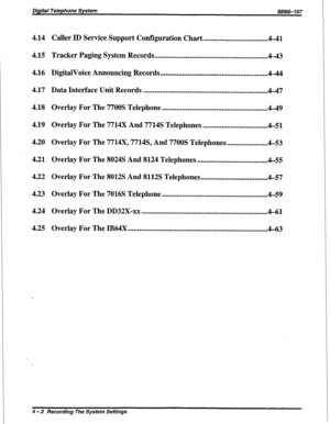 Page 284Digital Telephone  System 
I/M/66-7 07 
4.14 Caller 
ID Service  Support  Configuration  Chart 
...................................  4-41 
4.15  Tracker  Paging System Records  ............................................................. 
4-43 
4.16  DigitalVoice  Announcing Records 
..........................................................  4-44 
4.17  Data Interface  Unit Records  ................................................................... 
4-47 
4.18  Overlay  For The  7700s  Telephone...