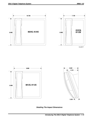 Page 168012S, 8112S8101N,
8112N
8024S, 8124S
4.640
10.750
9.0807.130
8.9008.900
3.731
1.034
8.900
CAJS077
Detailing The Impact Dimensions
DSU II Digital Telephone System IMI66–132
Introducing The DSU II Digital Telephone System 1–13 