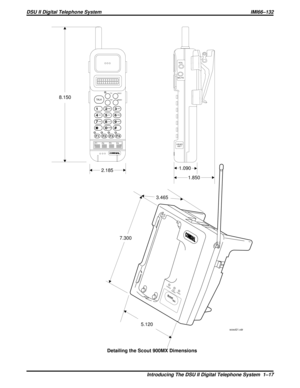 Page 20VOL
MUTE
HEAD
SETF1F2F3
F4
12
4
7
F1F2F3F4
3
5
8
0
6
9
#
ABC
T/CHOLD
MEMOTA PTALK
GH I
PRS
DEF
JKL
TUV
OPERMNO
WXY
CHARGE
POWER BATT
CHARGEScout
900MX
scout21.cdr
8.150
2.1851.090
1.850
3.465
7.300
5.120
Detailing the Scout 900MX Dimensions
DSU II Digital Telephone System IMI66–132
Introducing The DSU II Digital Telephone System 1–17 